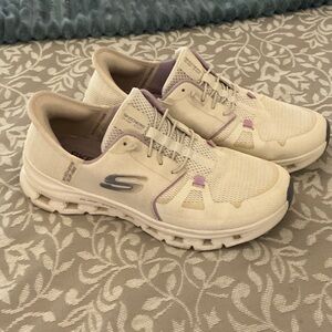 Skechers Women's Cream Athletic Slip-On Sneakers with Lavender Accents